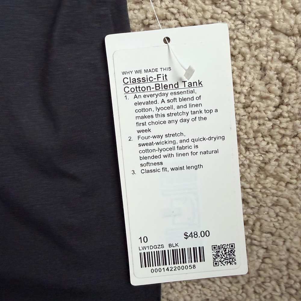NWT Lululemon classic fit cotton blend tank - Black - 10 - Picture 5 of 8
